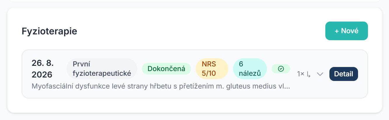 Záložka Fyzioterapie na kartě pacienta: první fyzioterapeutické vyšetření, stav Dokončená, NRS 5/10, 6 nálezů, navazující kontrola