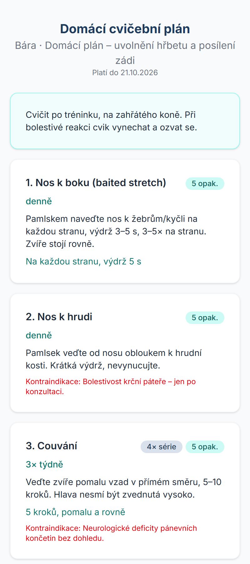 Domácí cvičební plán na mobilu majitele: nos k boku, nos k hrudi, couvání s počtem opakování a frekvencí